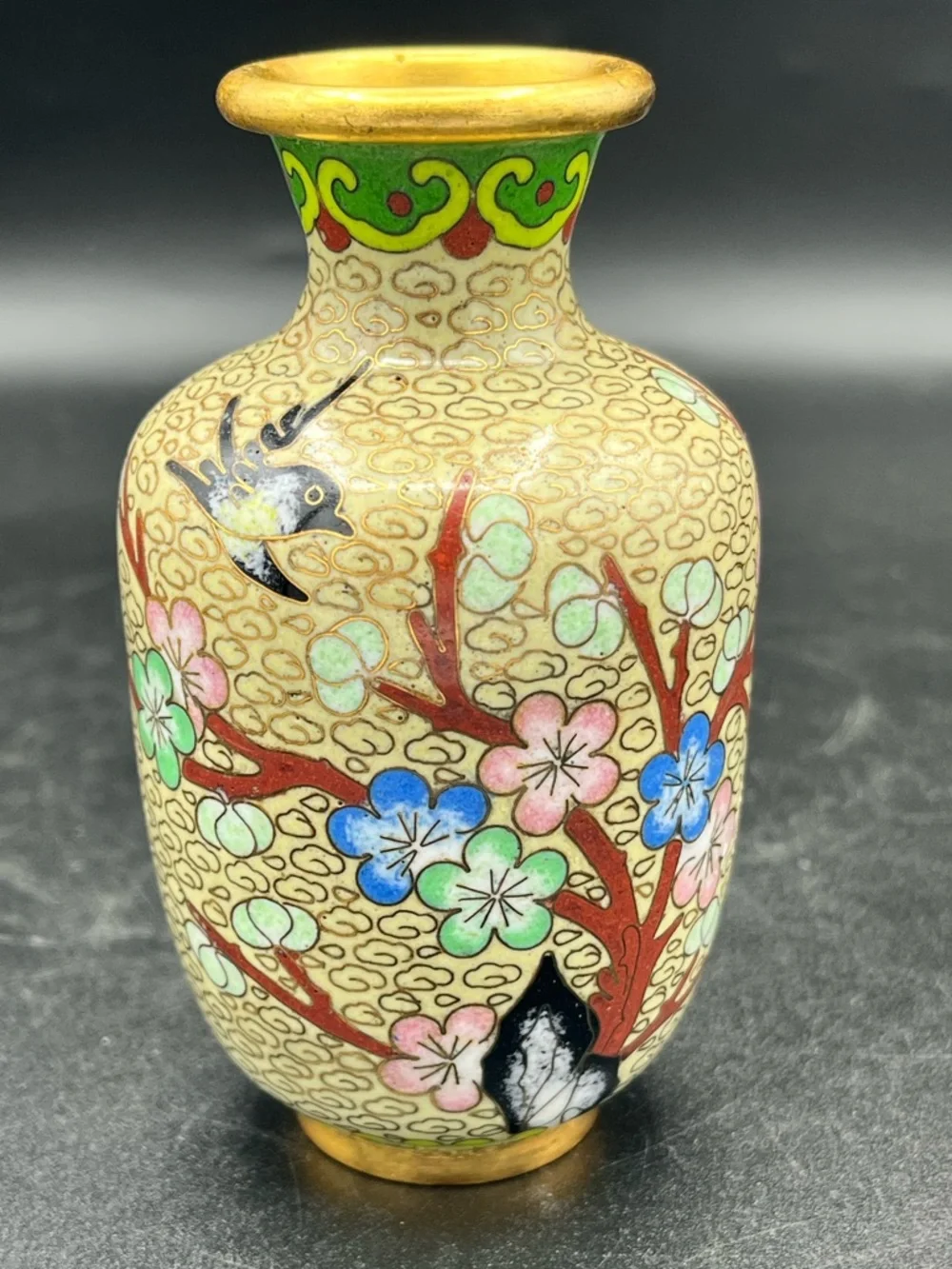 Vintage Asian Oriental Cloisonne Enameled Vase Floral bird, 4” - Picture 5 of 12